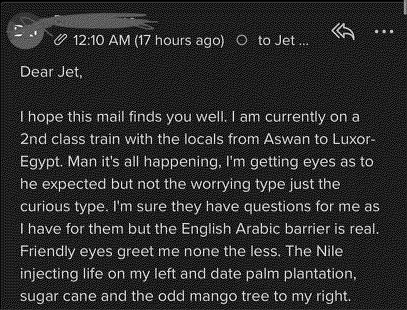 Pen Pal email message to Jet